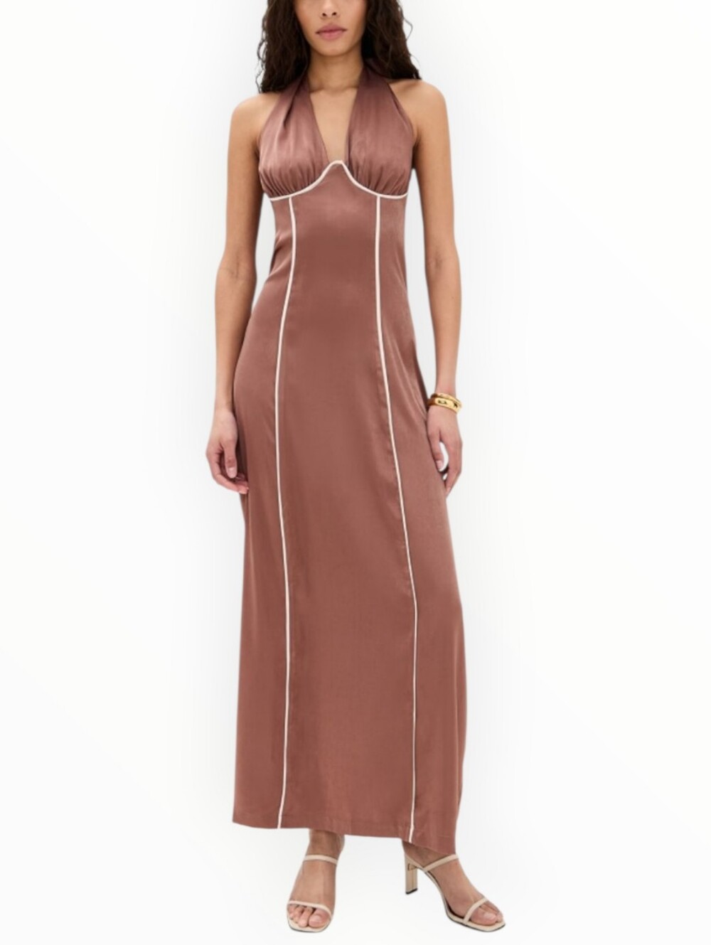 Madison the label Satin Halter Maxi Dress in chocolate Rose with Contrast Piping